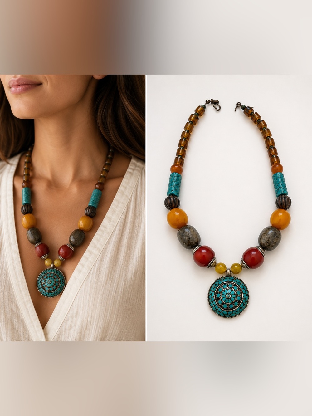 Handcrafted Multicolor Bead Necklace with Turquoise Pendant